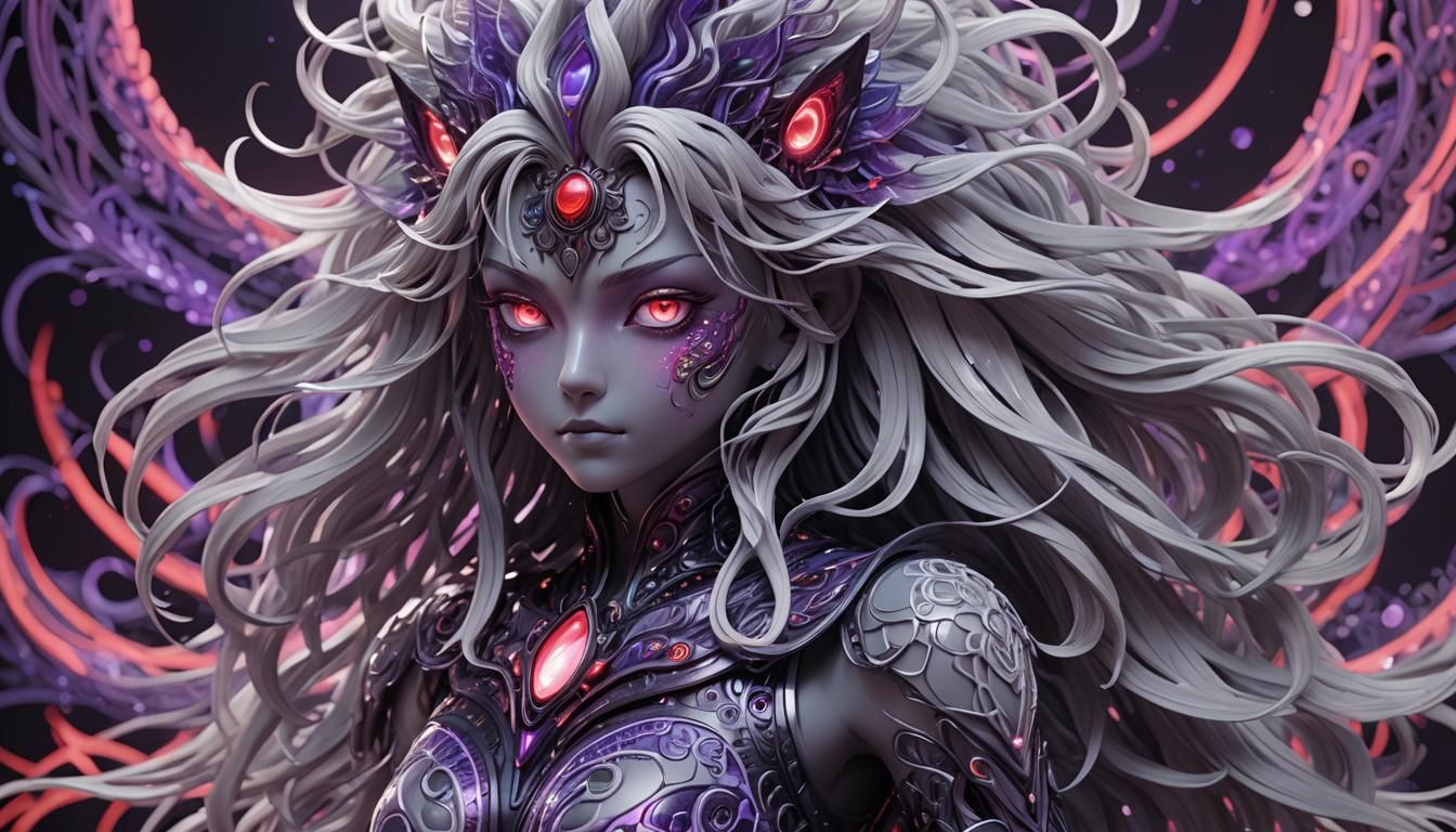 Neon Goddess with Red Eyes in 3D Anime Art