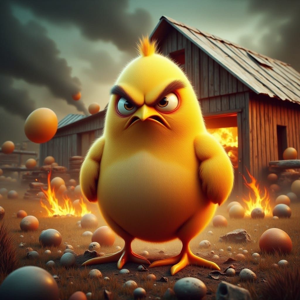 Grumpy Chick with Burning Barn