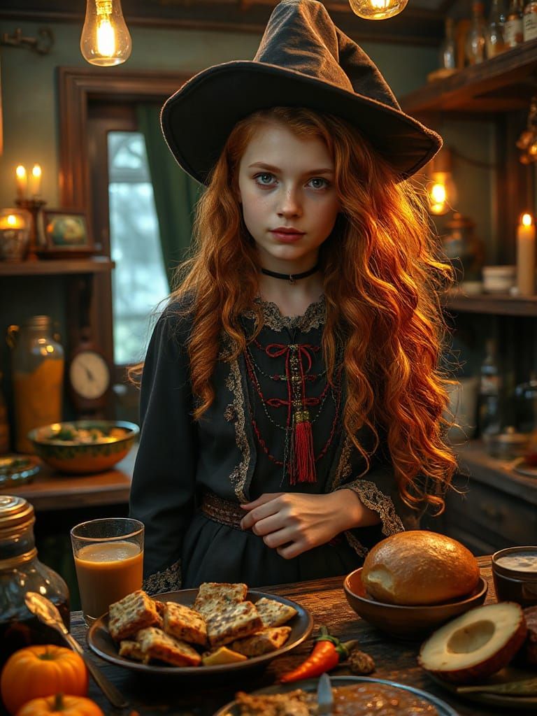 Young Witch Prepares Magical Feast in Old Russian Apothecary