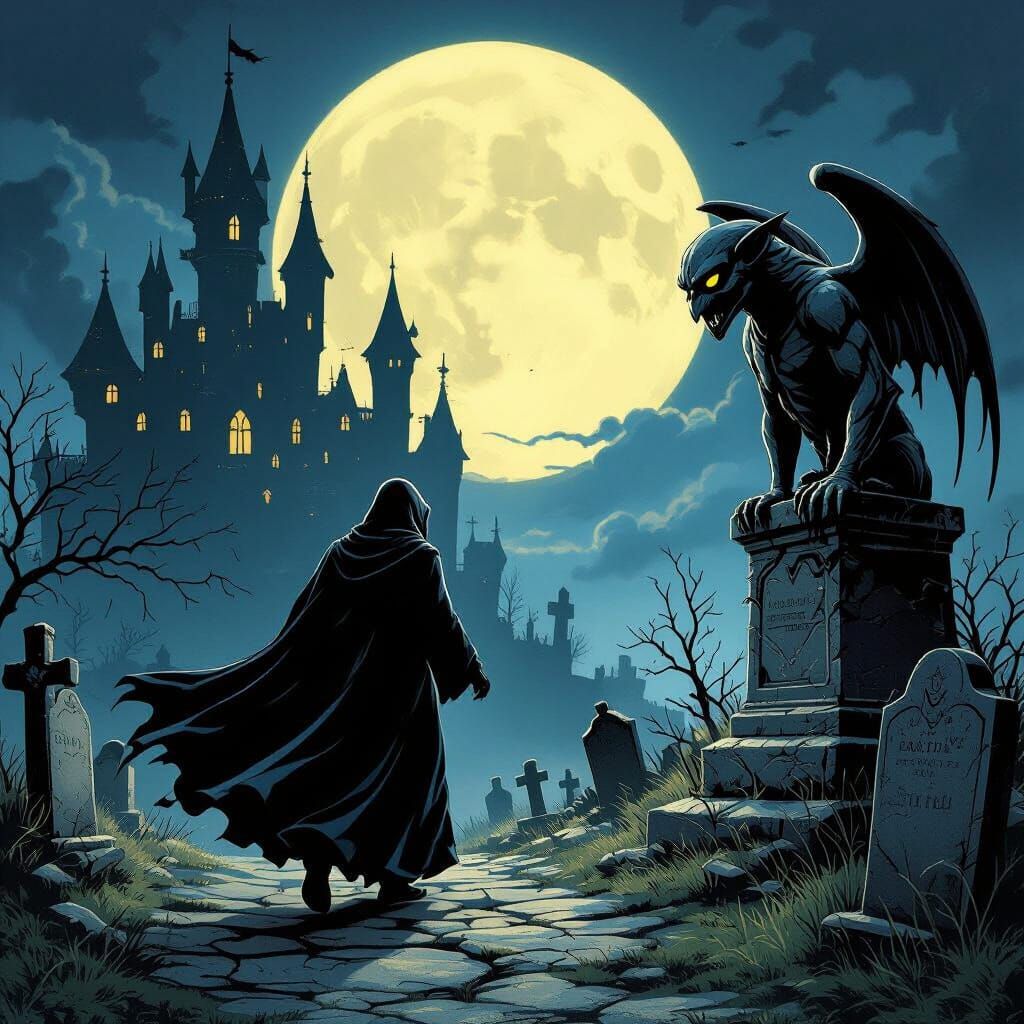 Gargoyle Watches Cloaked Figure Flee Haunted Castle