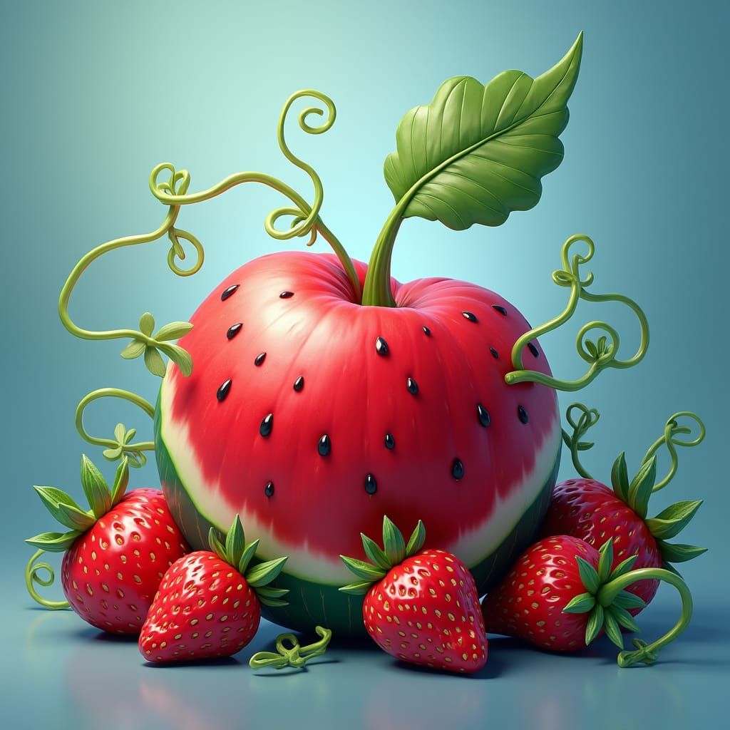 Cherry Watermelon with Strawberries: Fantasy Art