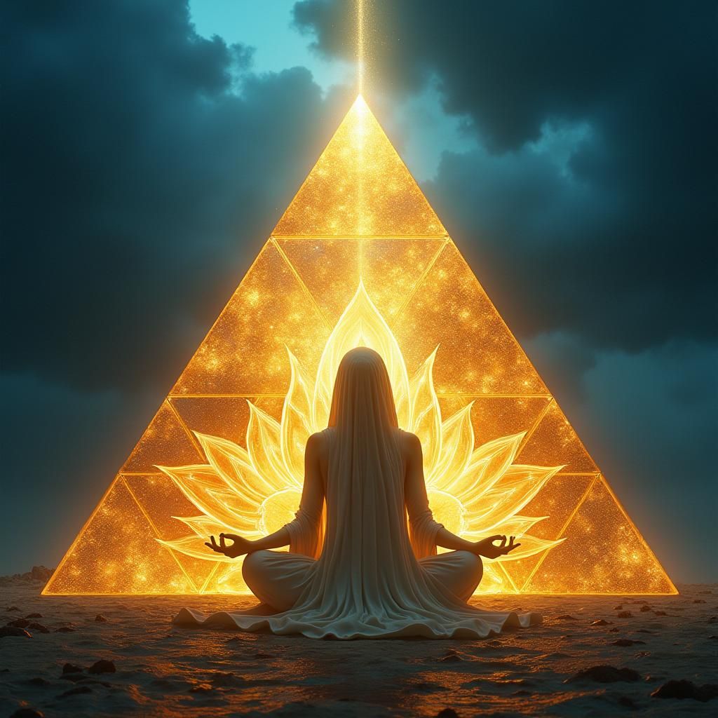 Golden Pyramid with Serene Figure in Divine Light