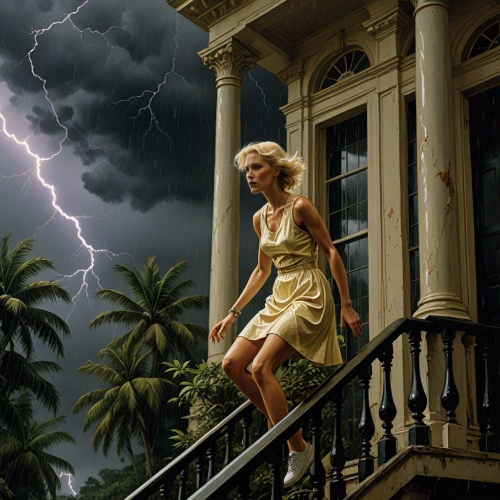 Woman Climbs Balcony During Hurricane, Gouache Illustration