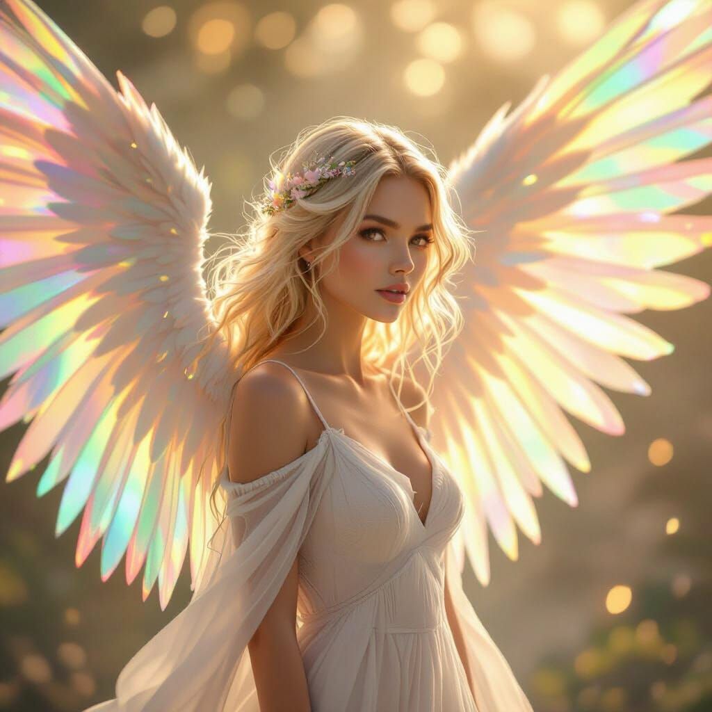 Ethereal Blonde Women with Glowing Iridescent Wings