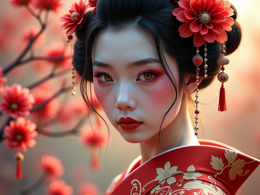 Geisha Warrior Portrait with Floral Tapestry