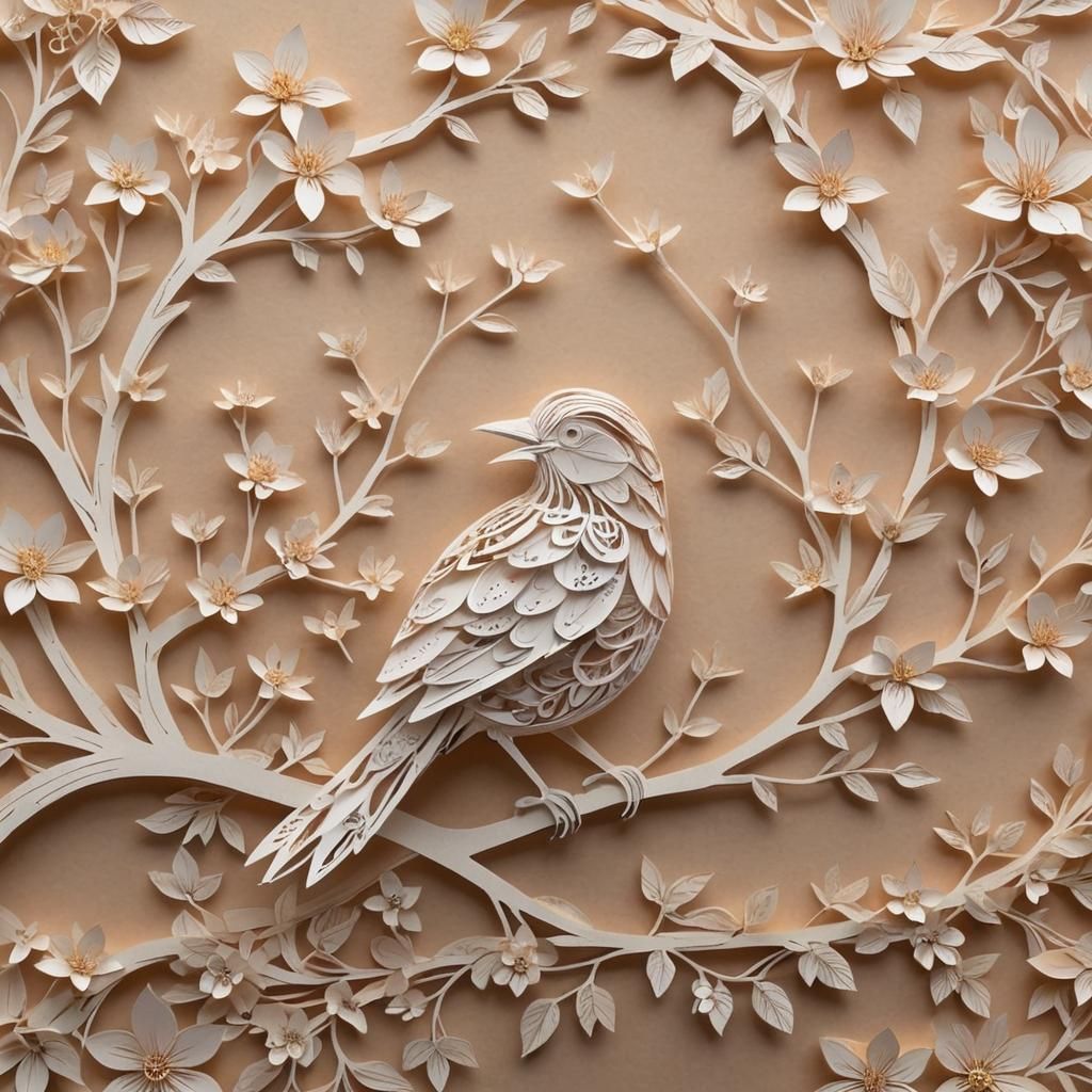 Detailed Kirigami Bird on Floral Wreath