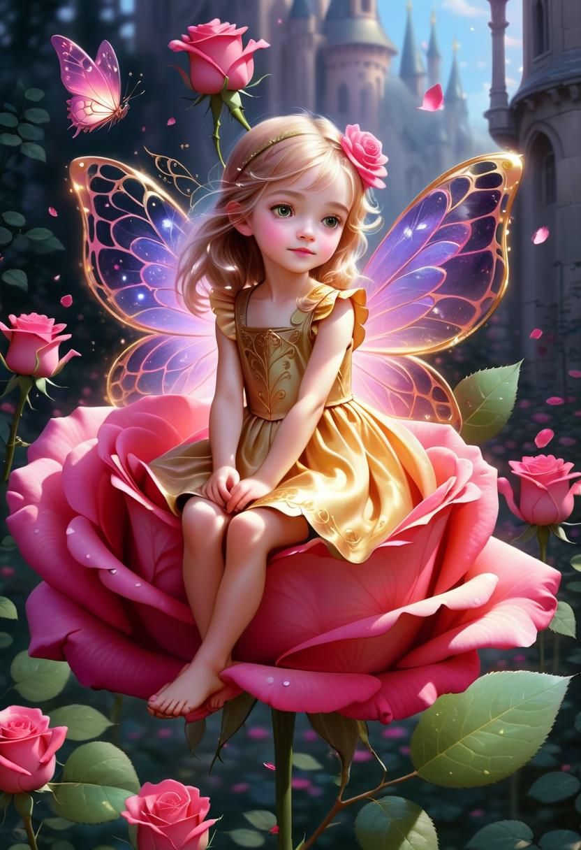 Enchanted Fairy on Rose Petal with Magical Glow