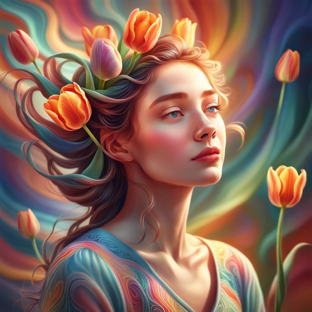 Dreamlike Woman with Tulip in Hair: Hyperrealistic Digital A...