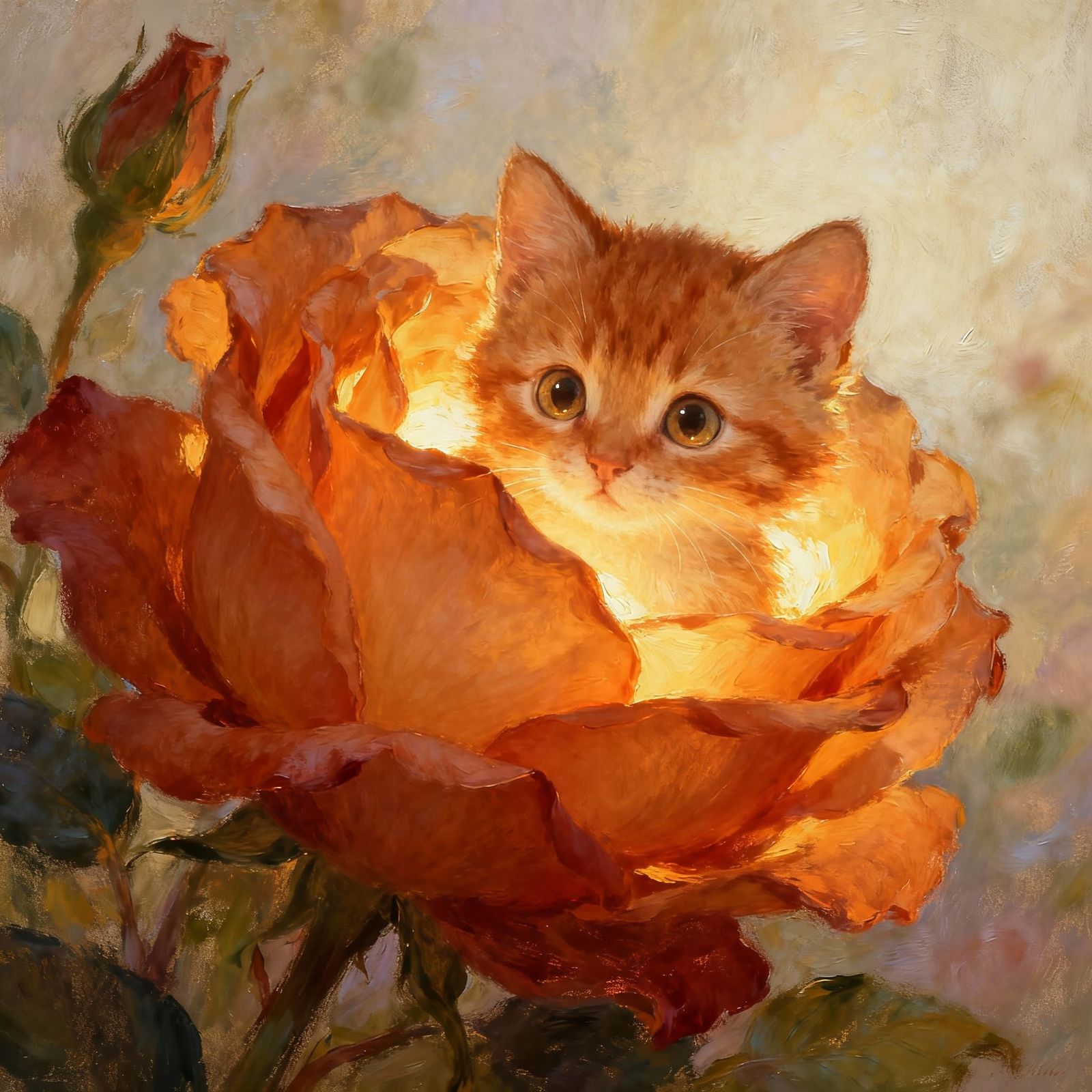 Tiny Ginger Kitten in Rose Petals, Painterly Style
