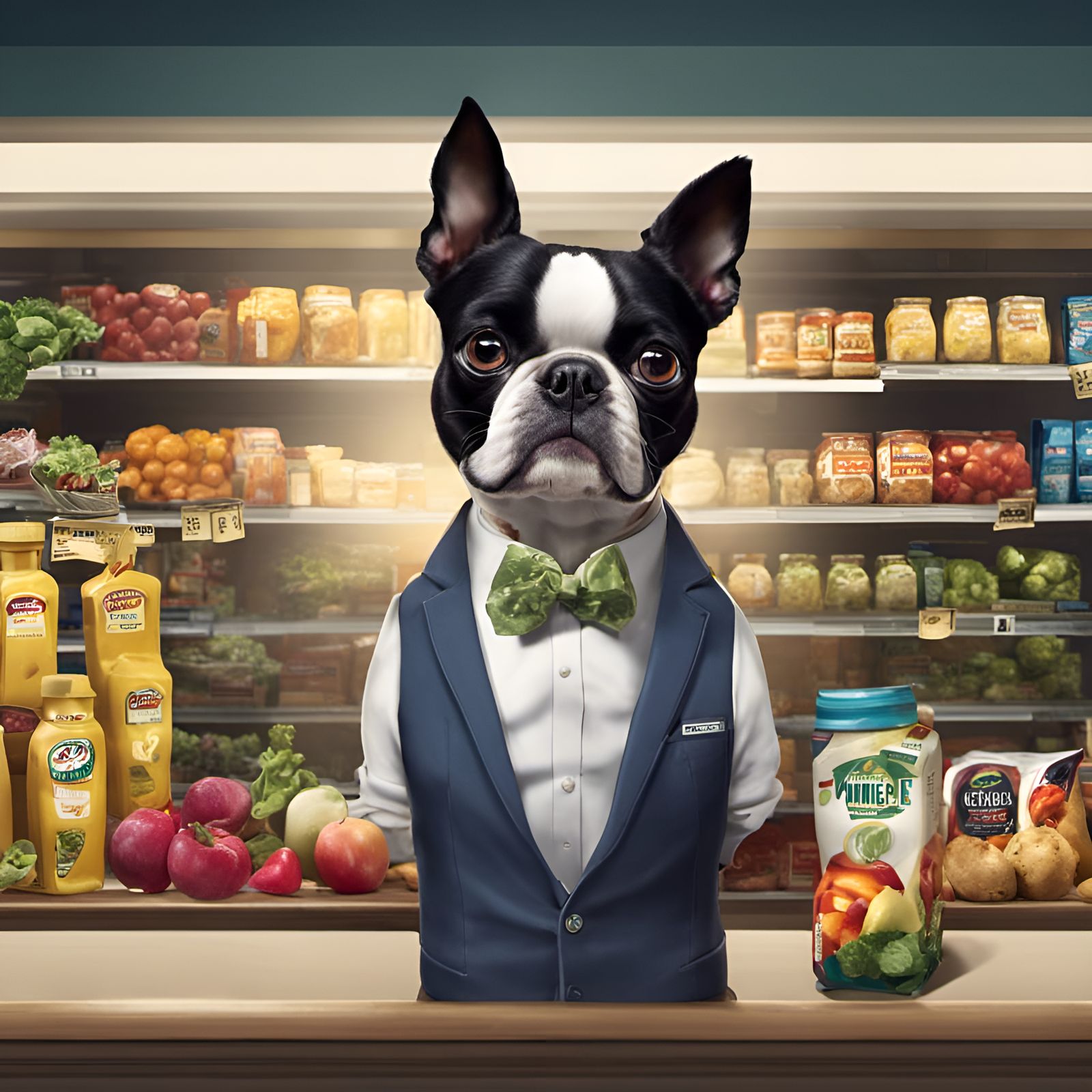 Anthropomorphic Boston Terrier Cashier in 8K