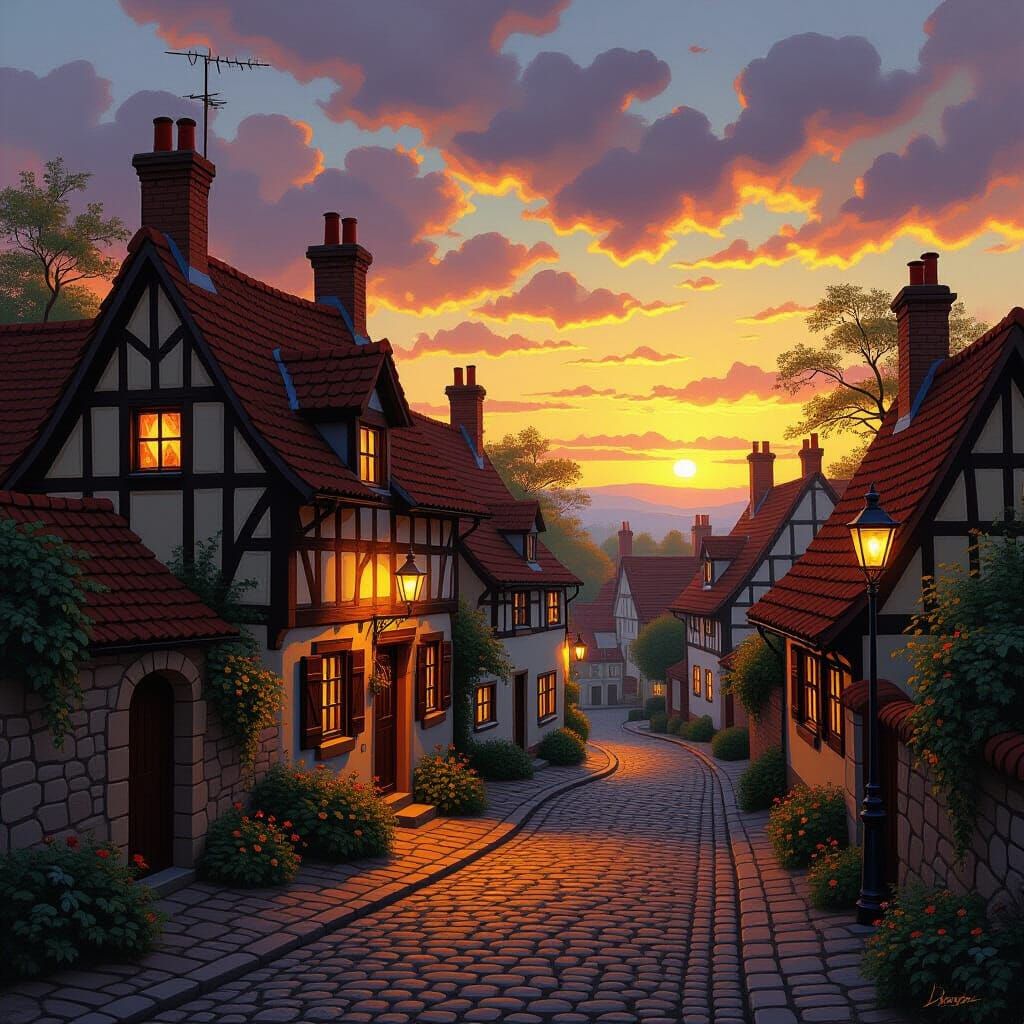Golden Hour Village in Caravaggio Style
