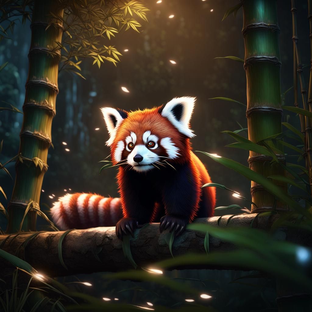 Red Panda at Night with Glowing Eyes