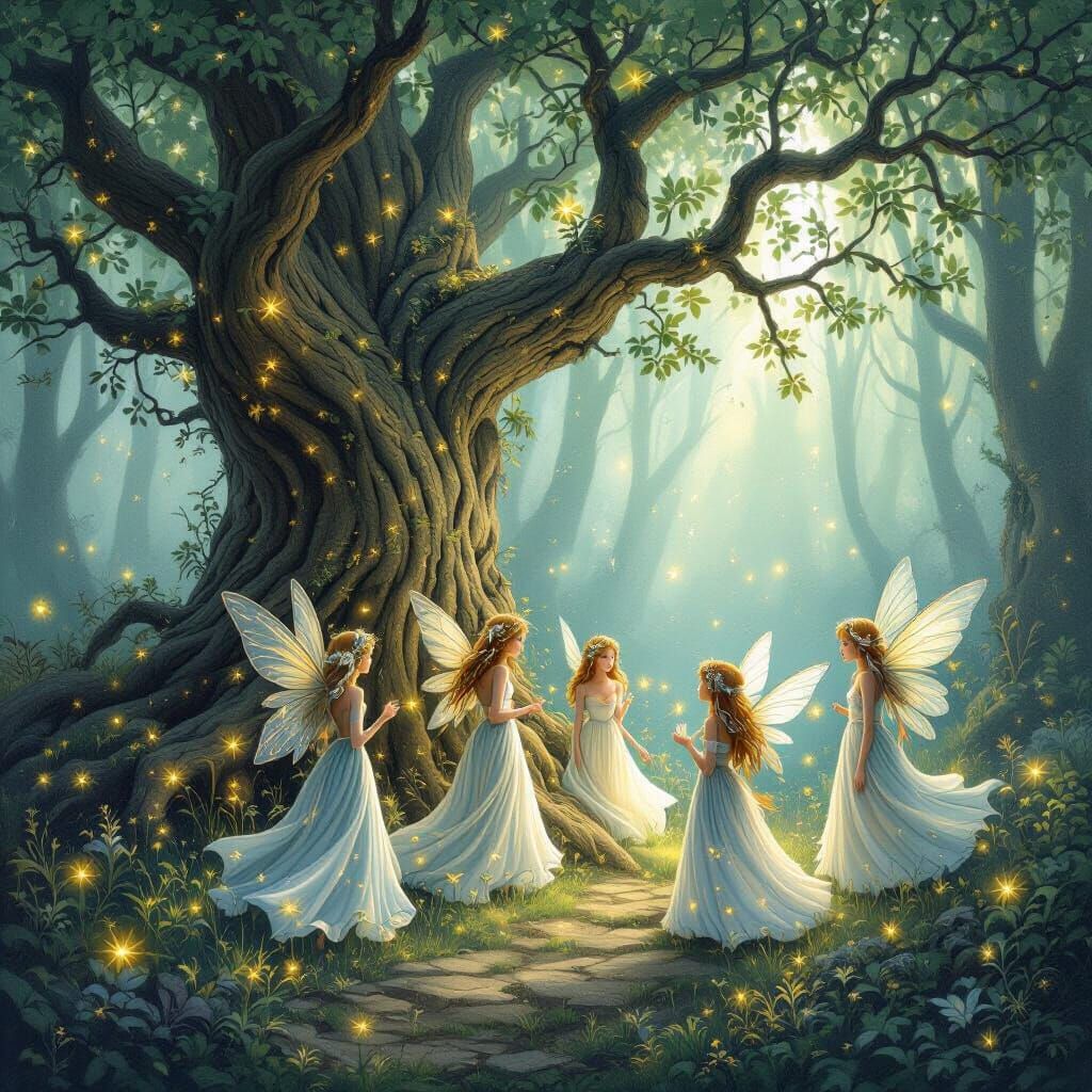 Enchanted Forest with Fairies in Flowing Gowns