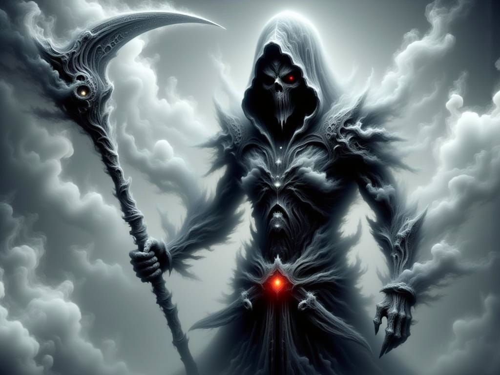 Grim Reaper with Scythe Amidst Ethereal Smoke