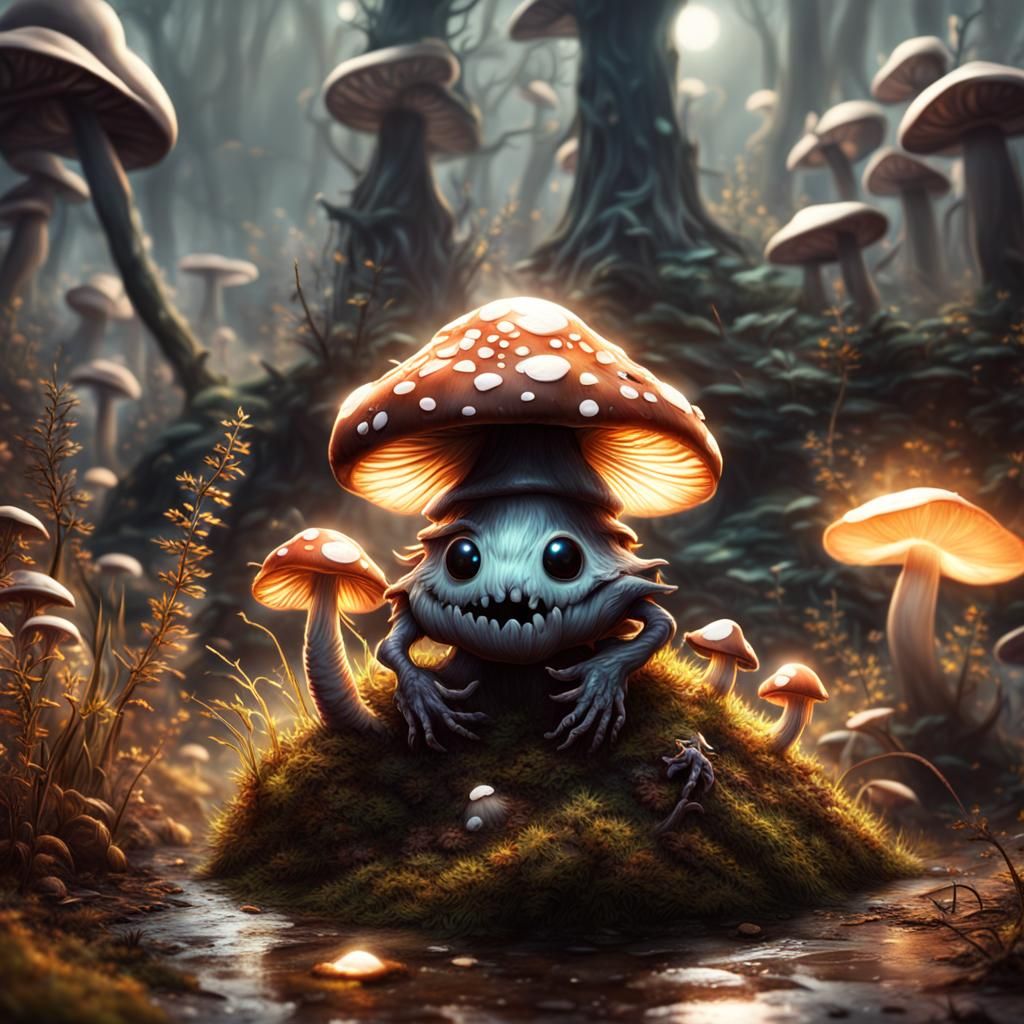Cute Mushroom Creature in a Dramatic Matte Painting
