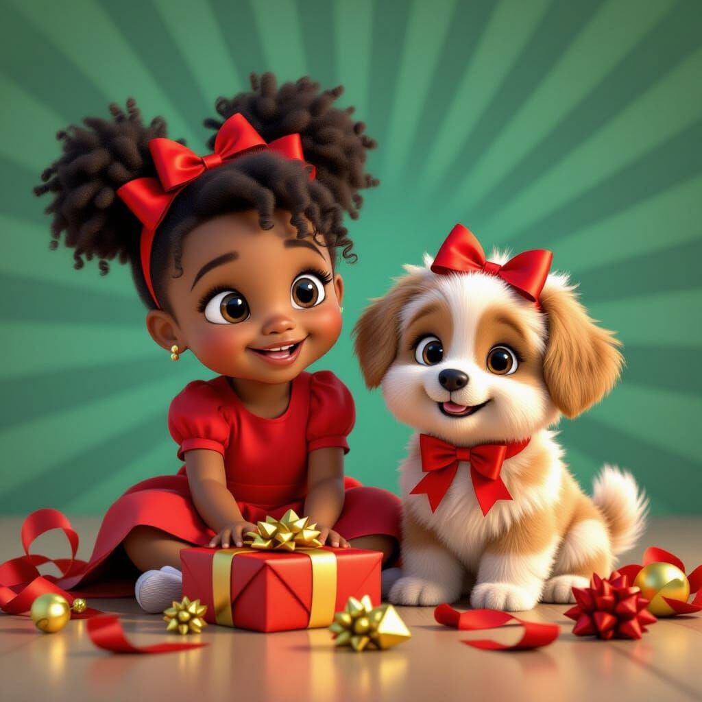 Cute Black Girl and Puppy with Christmas Gifts