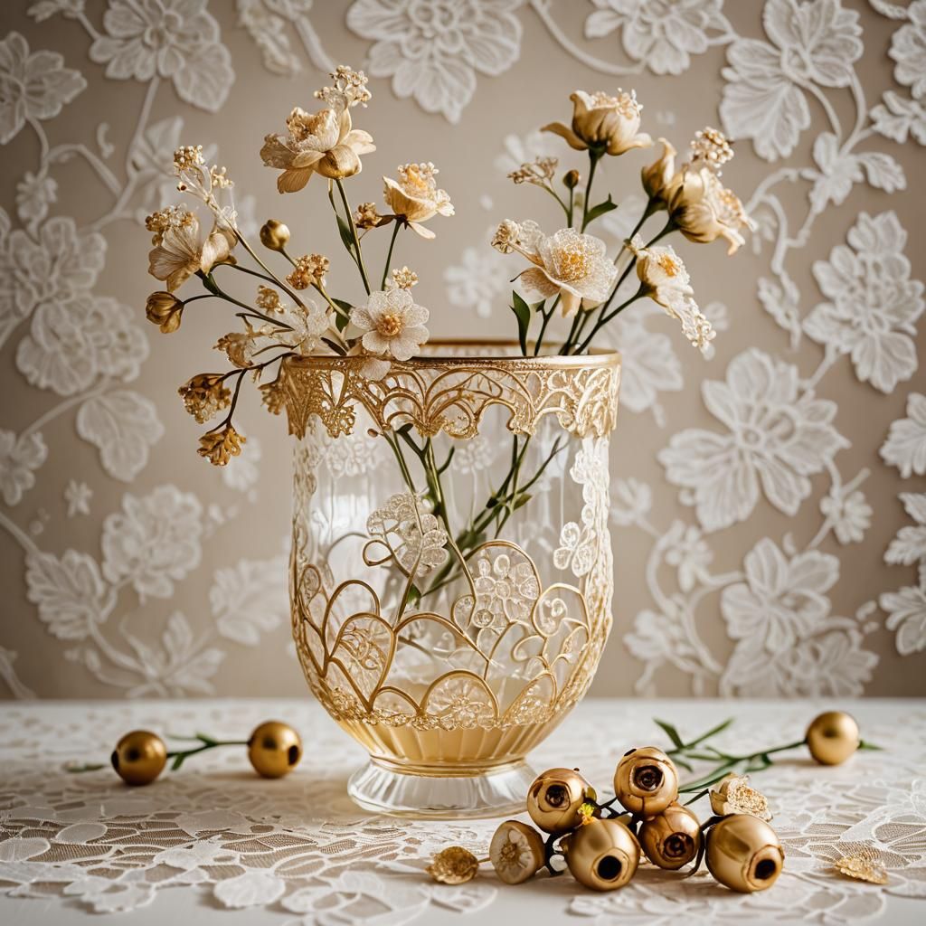Elegant Still Life: Lace Vase with Gold Floral Wallpaper
