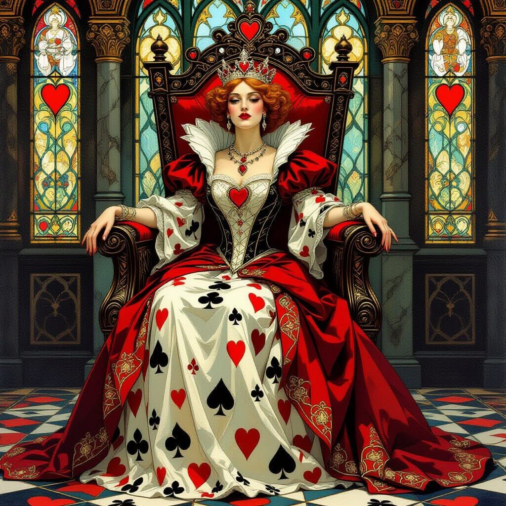 Queen of Hearts Rules Card Kingdom in Art Nouveau Style