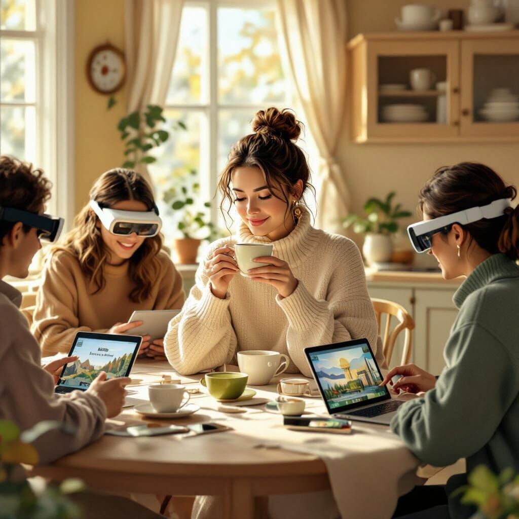 Family's Virtual Museum Visit in Matte Painting Style