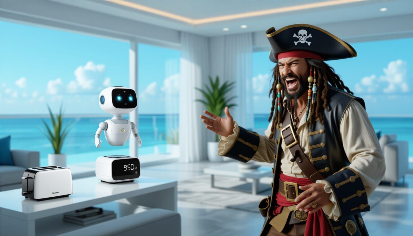 Pirate Battles AI in Futuristic Smart Home