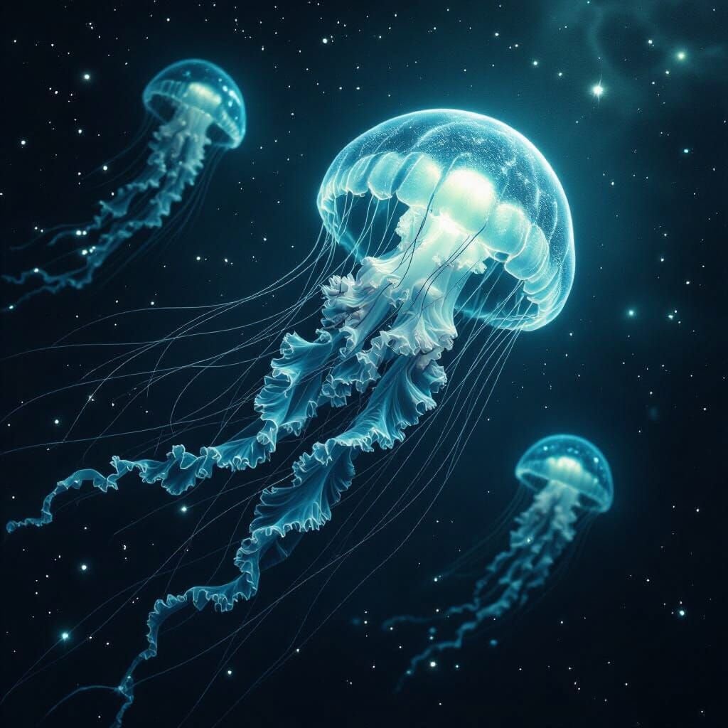 Bioluminescent Jellyfish Drifting Through Nebula in Dark Fan...