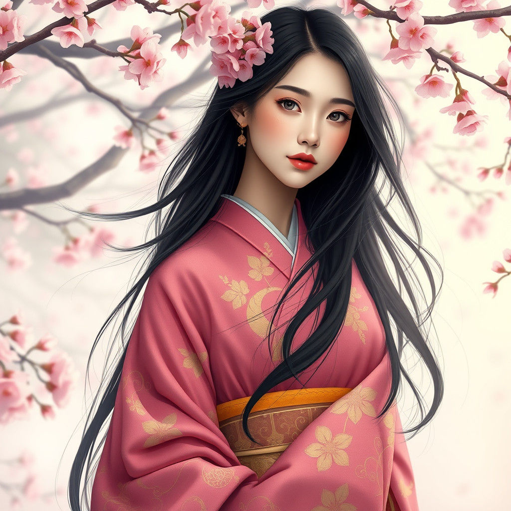 Japanese Woman in Sakura Garden, Modern Whimsical Style