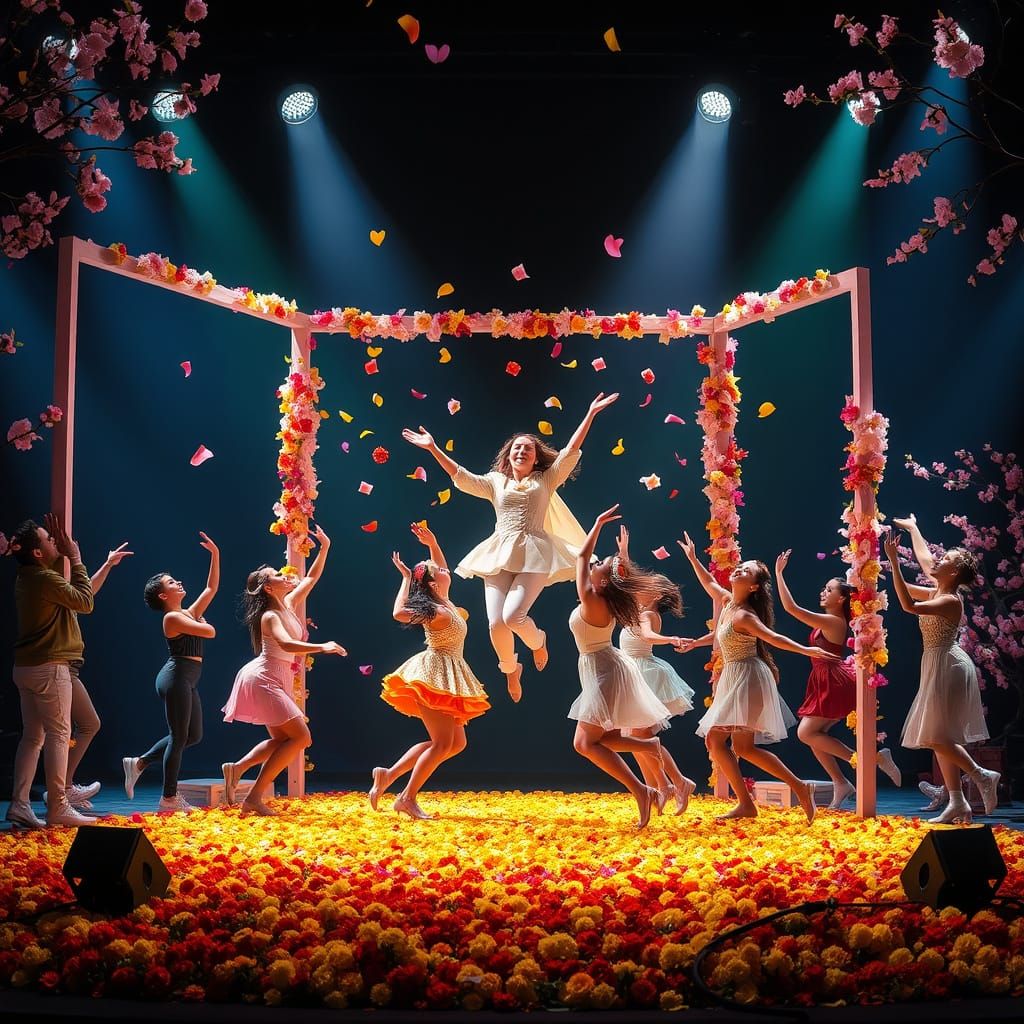 Spring Dance with Dogs and Falling Flowers