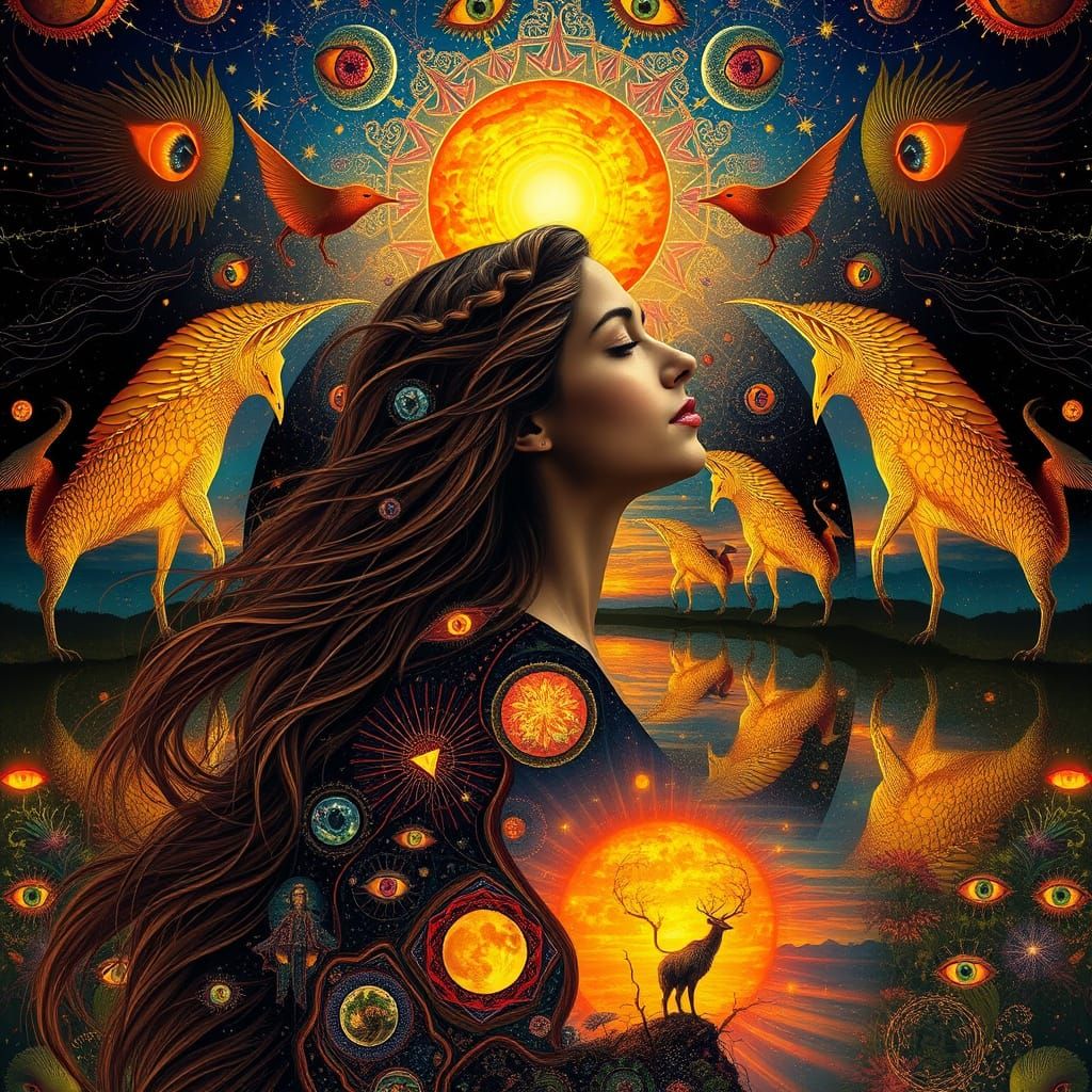 Surreal Cosmic Goddess in Infinity Mirrored Sunset