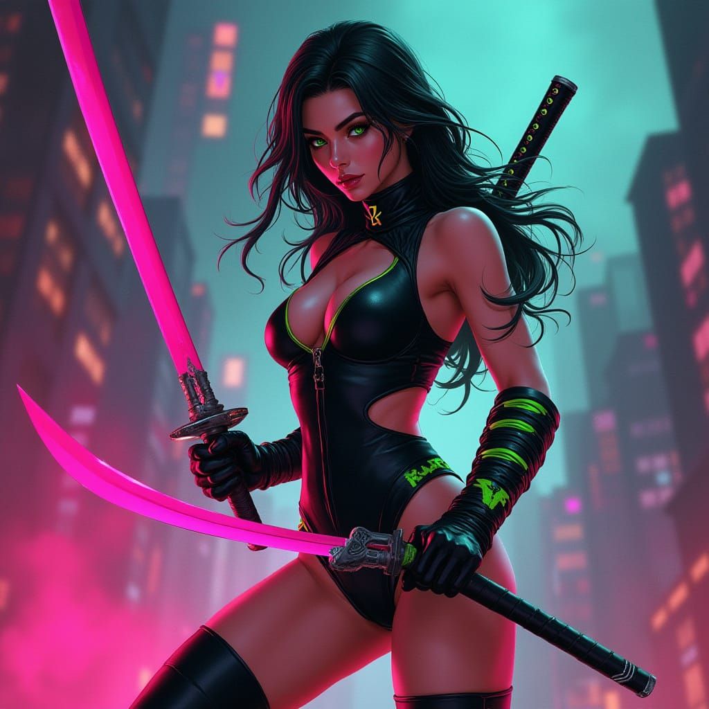 Futuristic Ninja with Psy Blade in Neon Noir Style