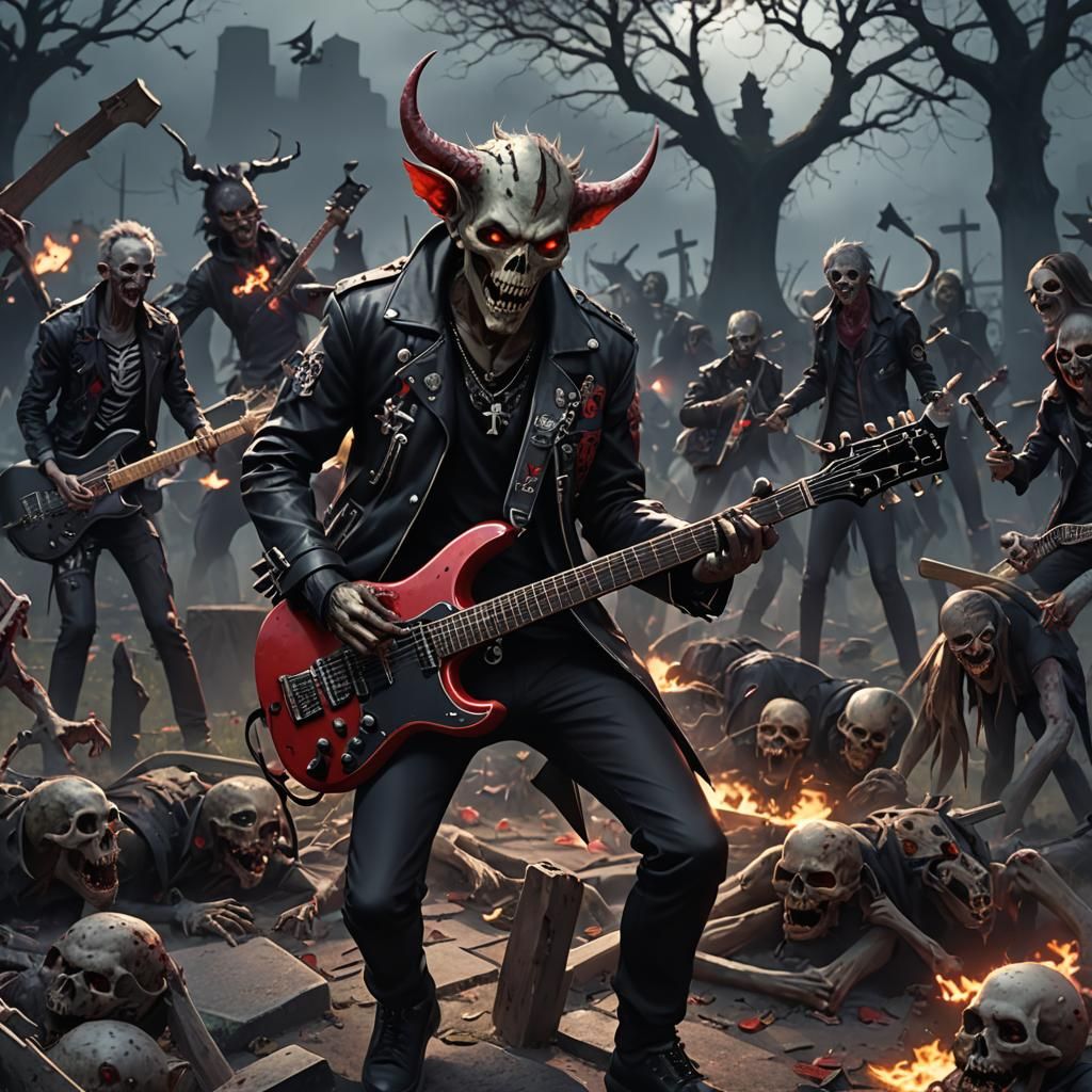 Punk Devil Shreds Guitar in Zombie Graveyard