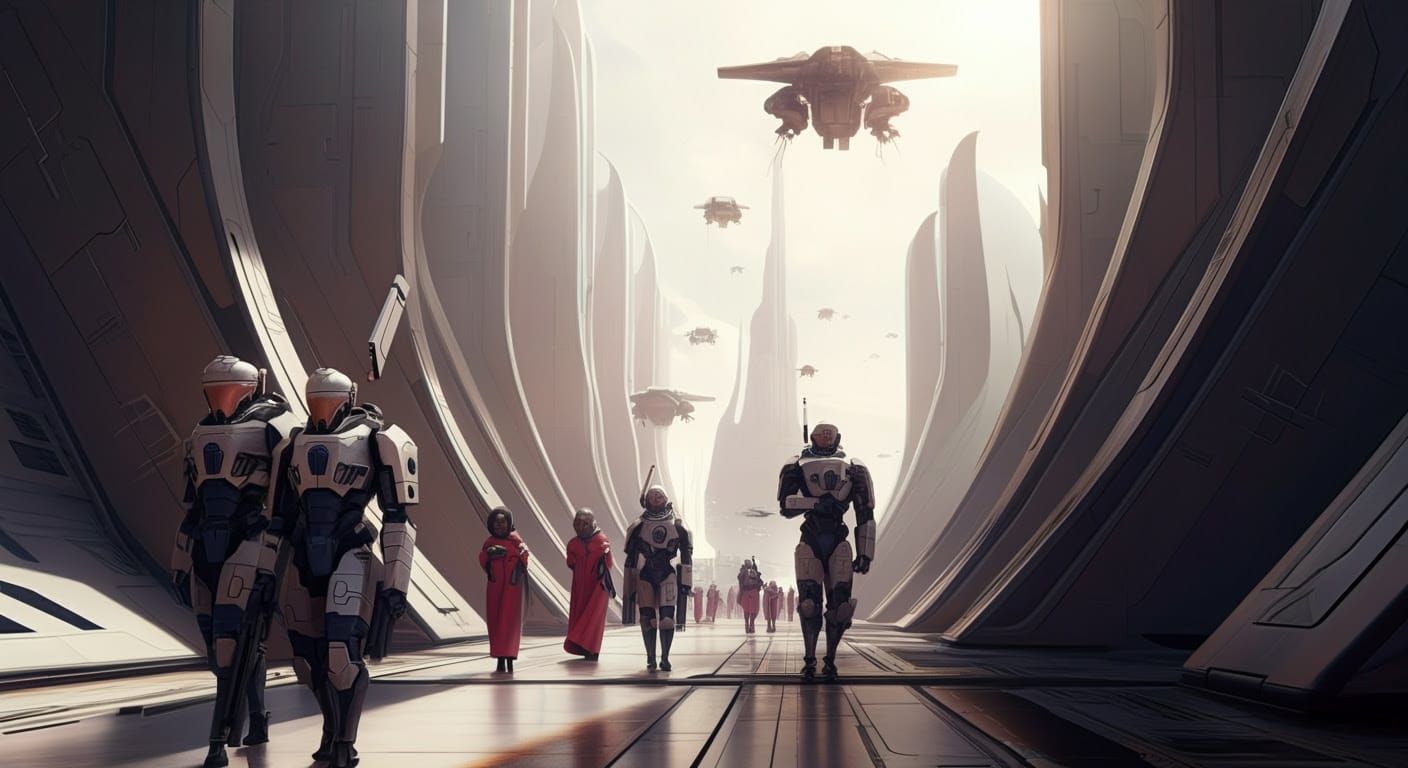 Futuristic Tau Cityscape with Hovering Battlesuits