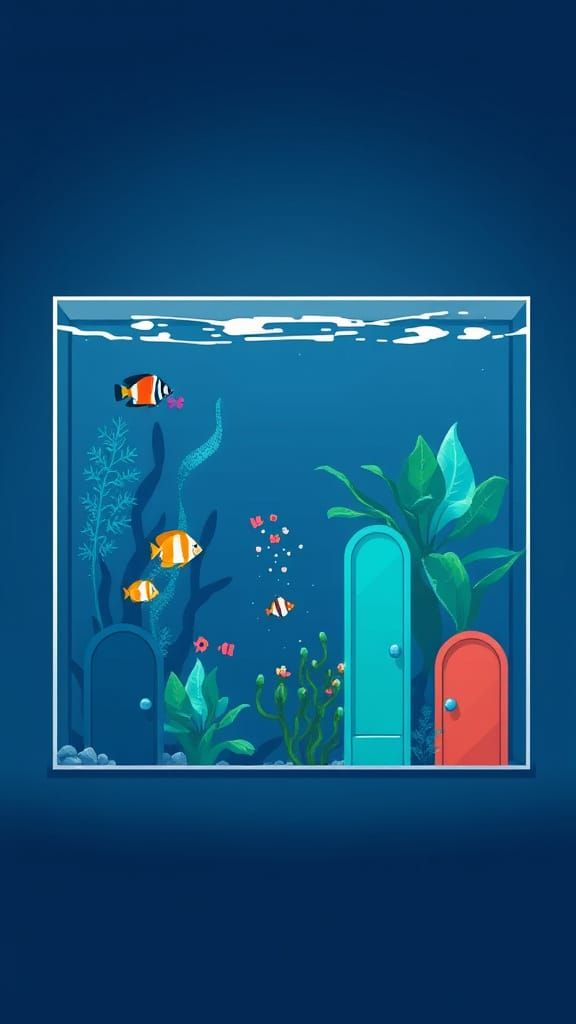 A serene digital aquarium rendered in nostalgic pixel art st...