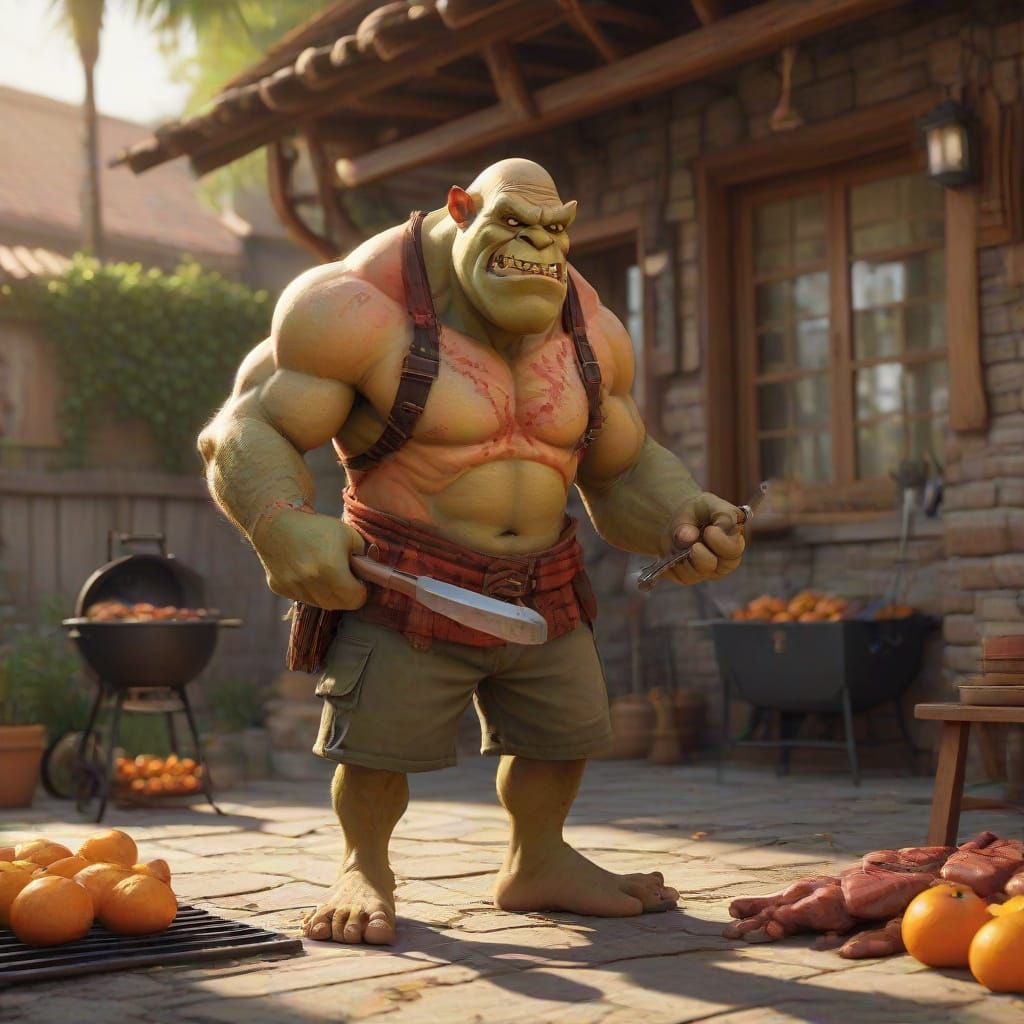 Orc Dad Barbecue: Digital Art in Pixar Style