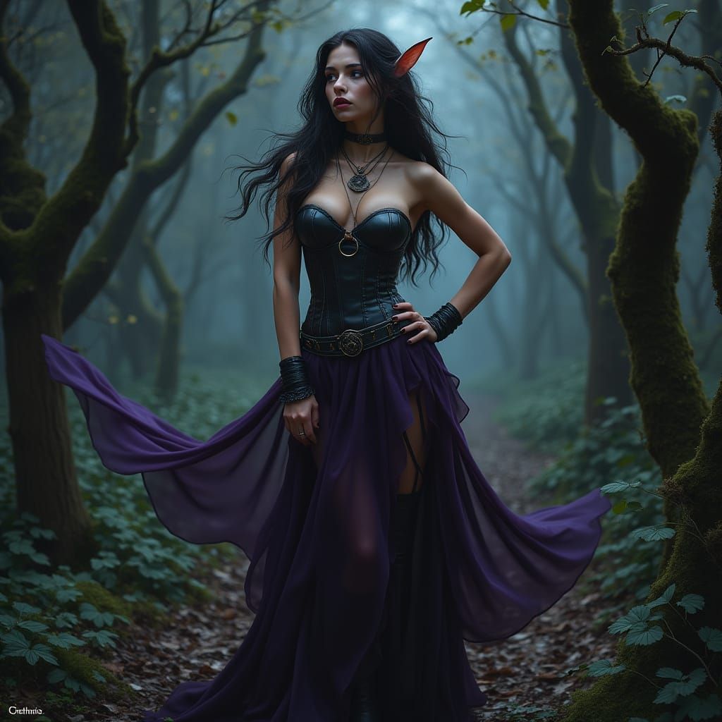 Sensual Dark Elf in Mystical Forest, Gothic Fantasy Art