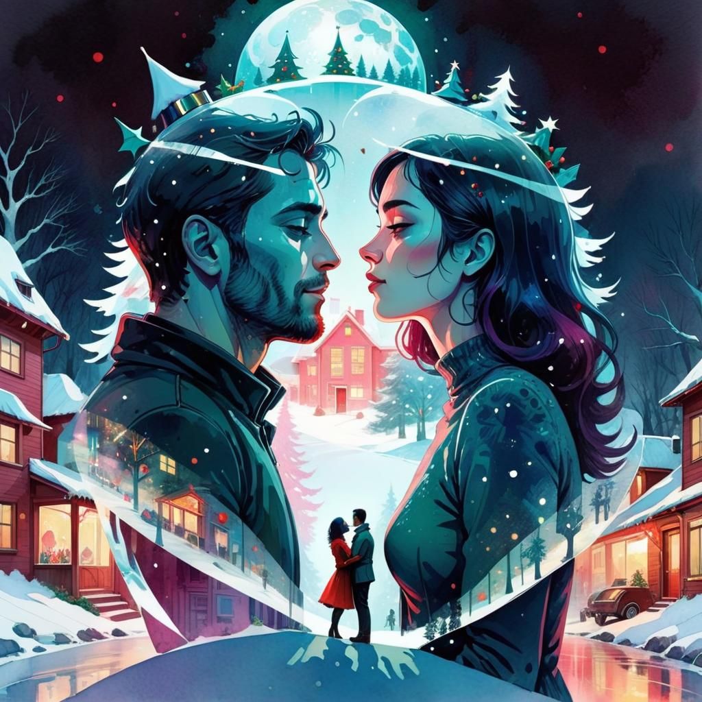 Romantic Christmas Embrace: Double Exposure Collage Art