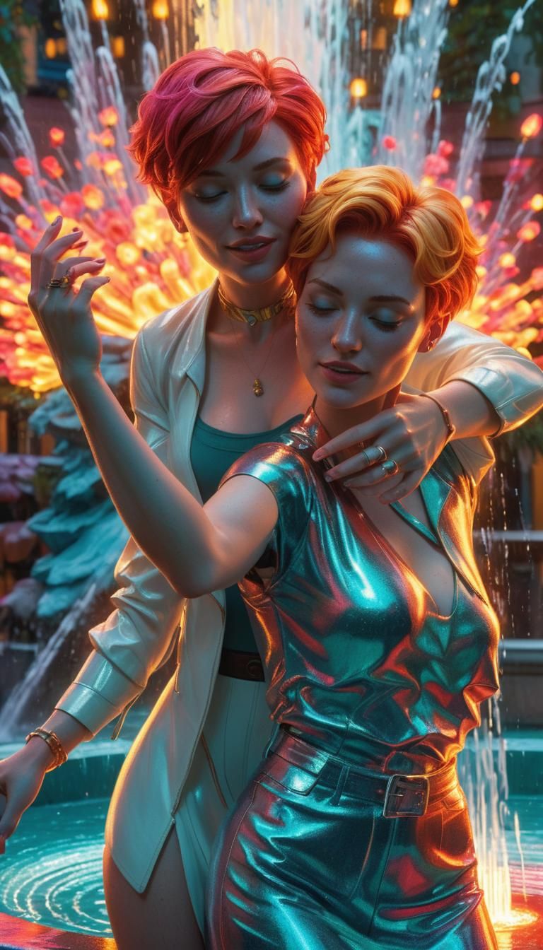 Sisters Pose in Front of a Vibrant Iridescent Fountain