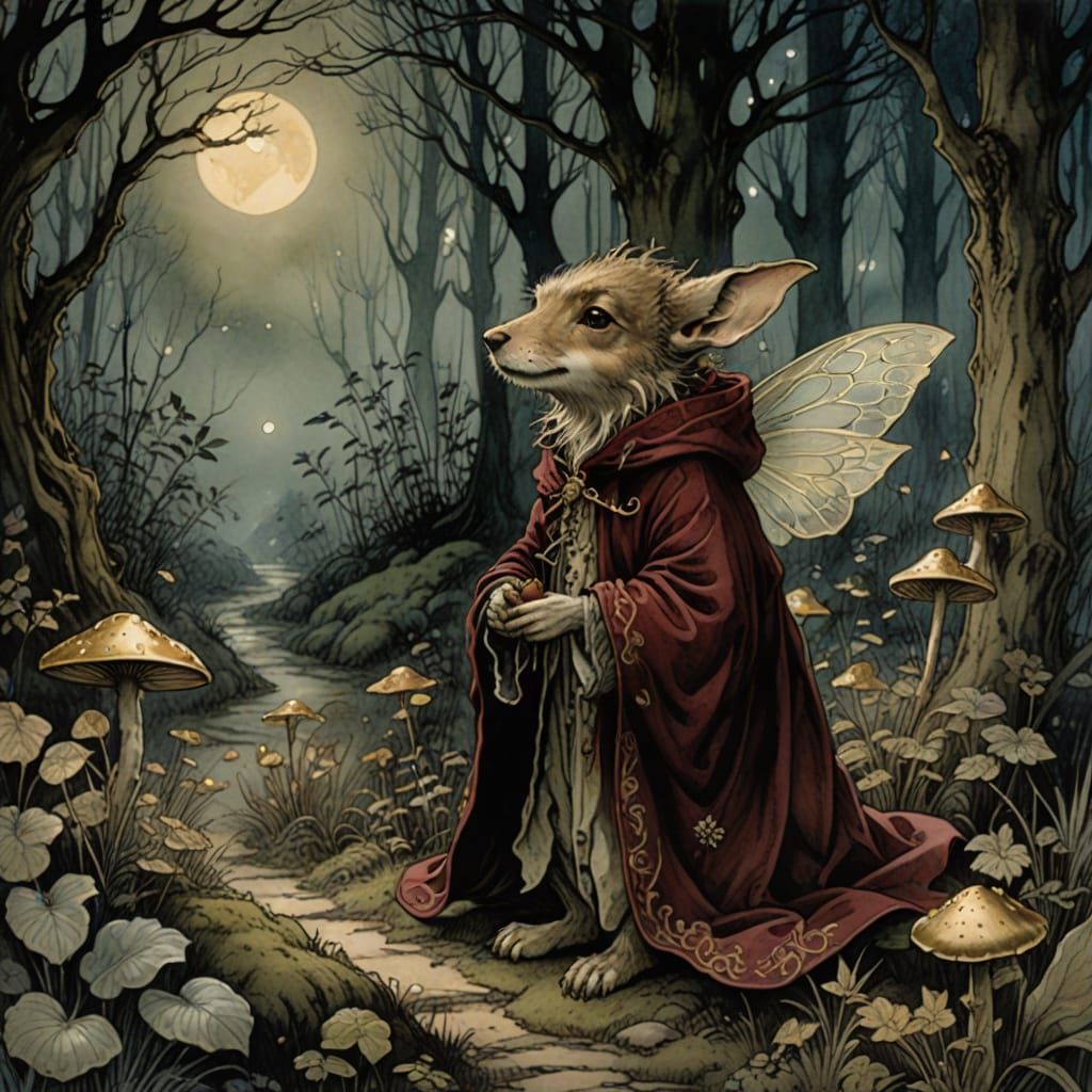 Majestic Puppy in Velvet Cloak Amidst Whimsical Night Woods