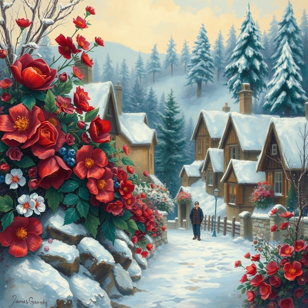 Christmas Flowers Frame Village in Impressionist Oil Paintin...
