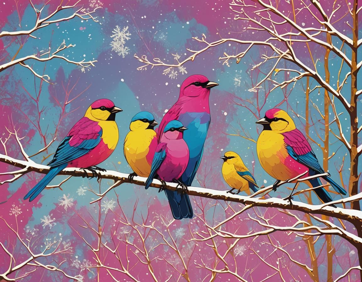 Birds on Branch in Pop Art Style