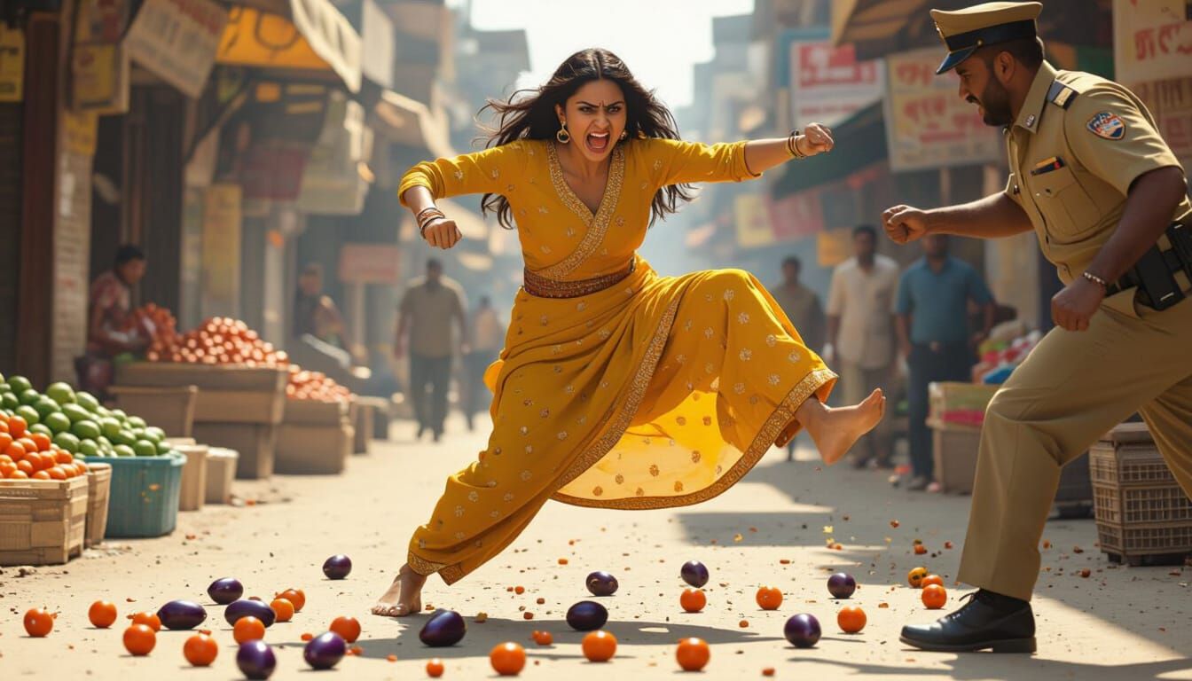 Intense Market Confrontation in Cinematic Style