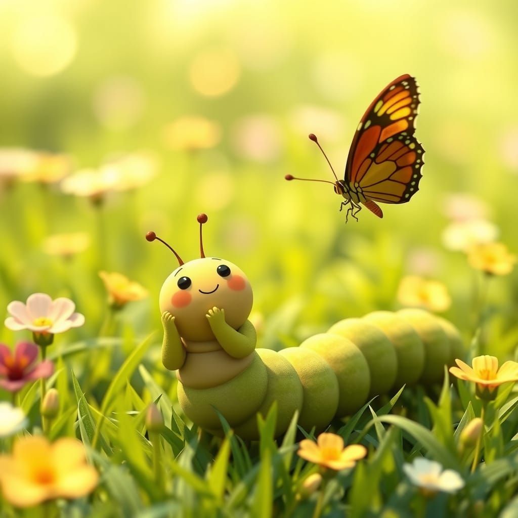 Caterpillar Cheers Butterfly Emergence: Cute 3D Anime Scene