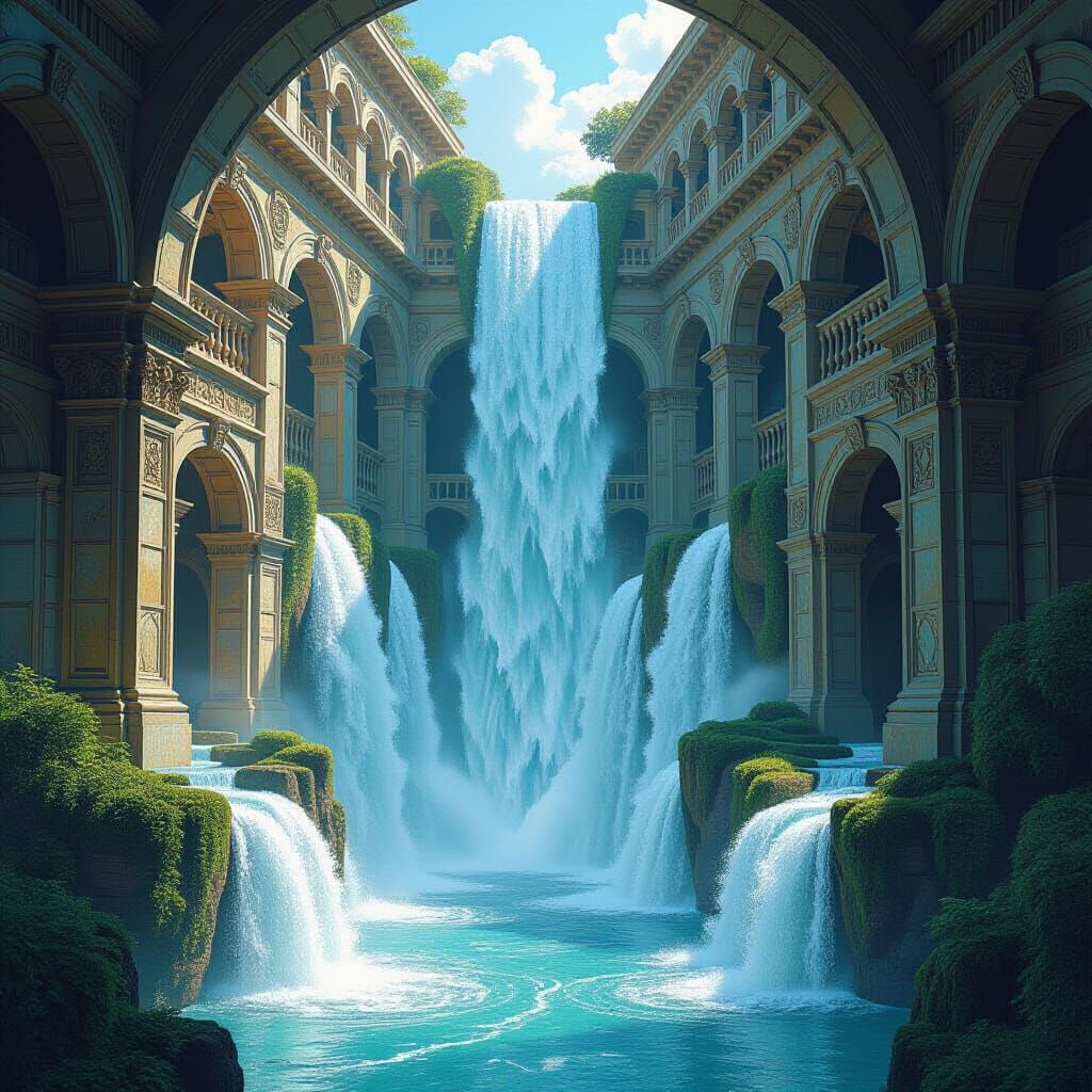 Sideways Waterfall in Escher-Inspired Labyrinth