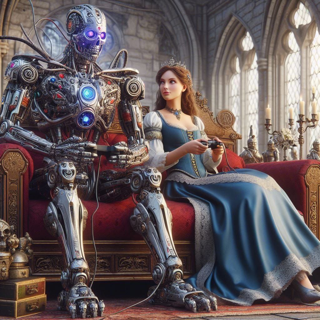 Cyborg Robot and Princess Play Video Games