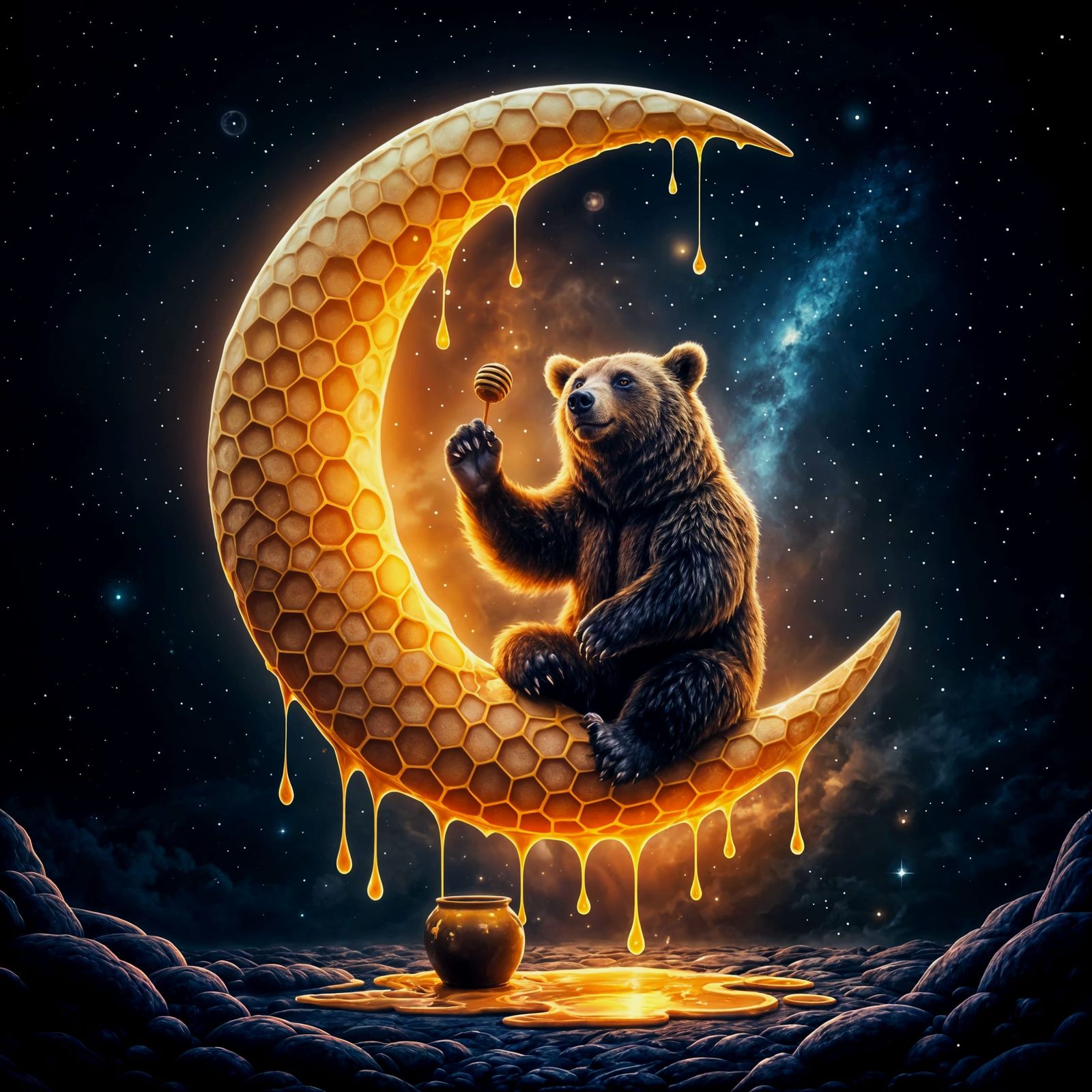 Honeycomb Moon with Happy Bear in Fantasy Art