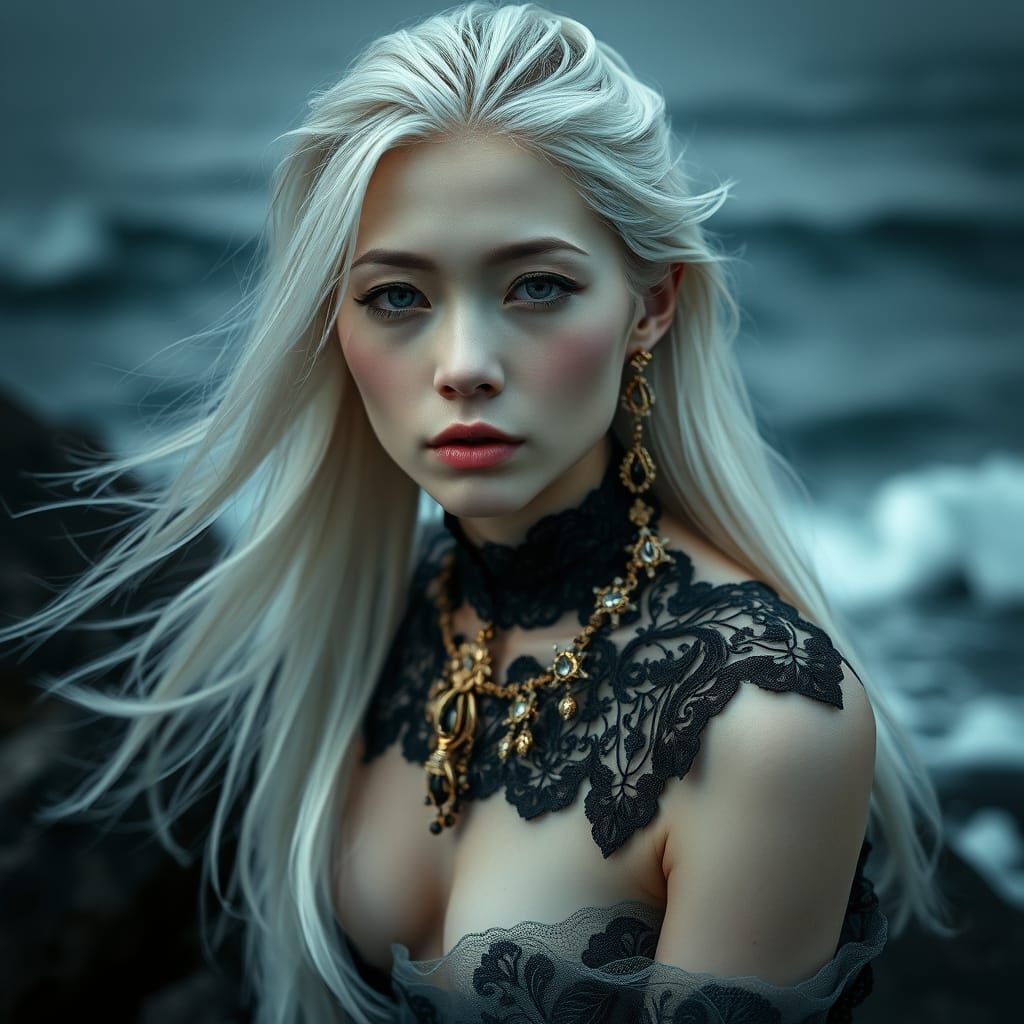 Mysterious Chinese Sorceress in Stormy Sea Portrait