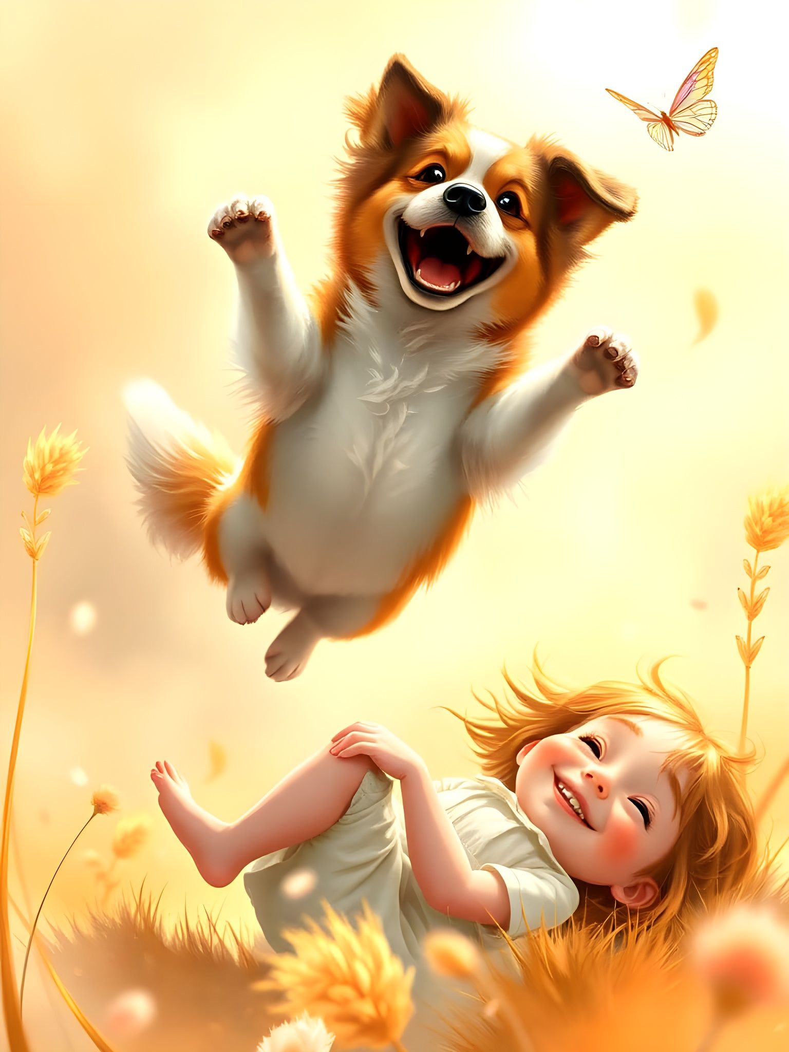 Whimsical Dog and Butterfly Dance in Sunlit Skies
