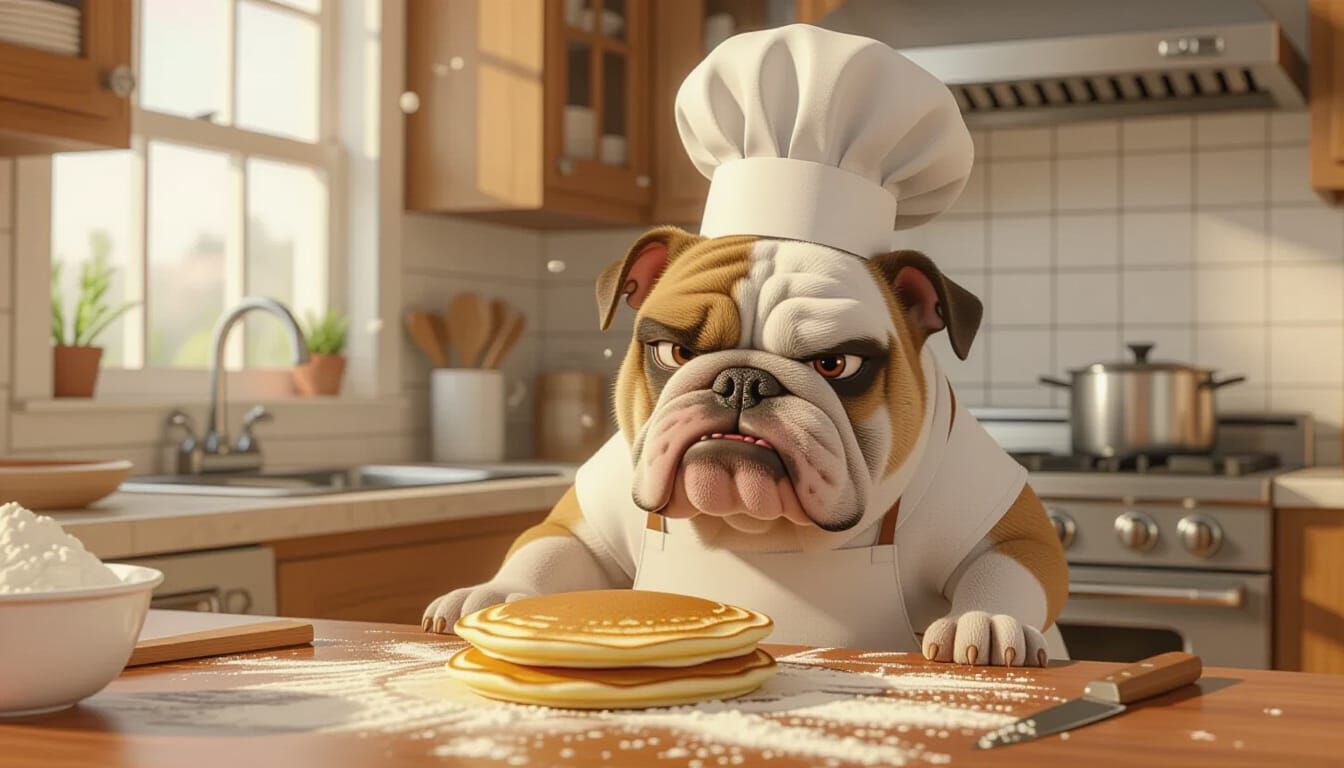 Grumpy Bulldog Chef Fails at Flipping Pancake