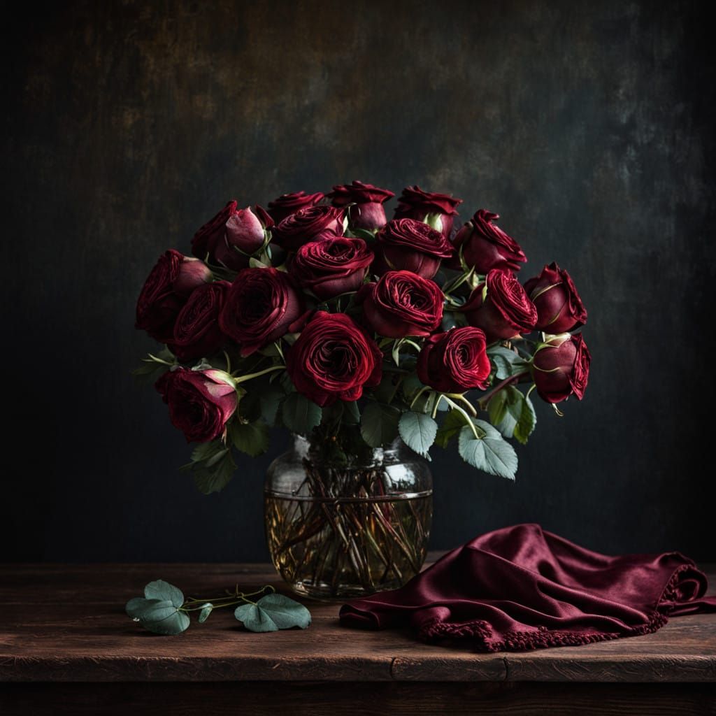 Velvety Dark Red Roses in Majestic Still Life