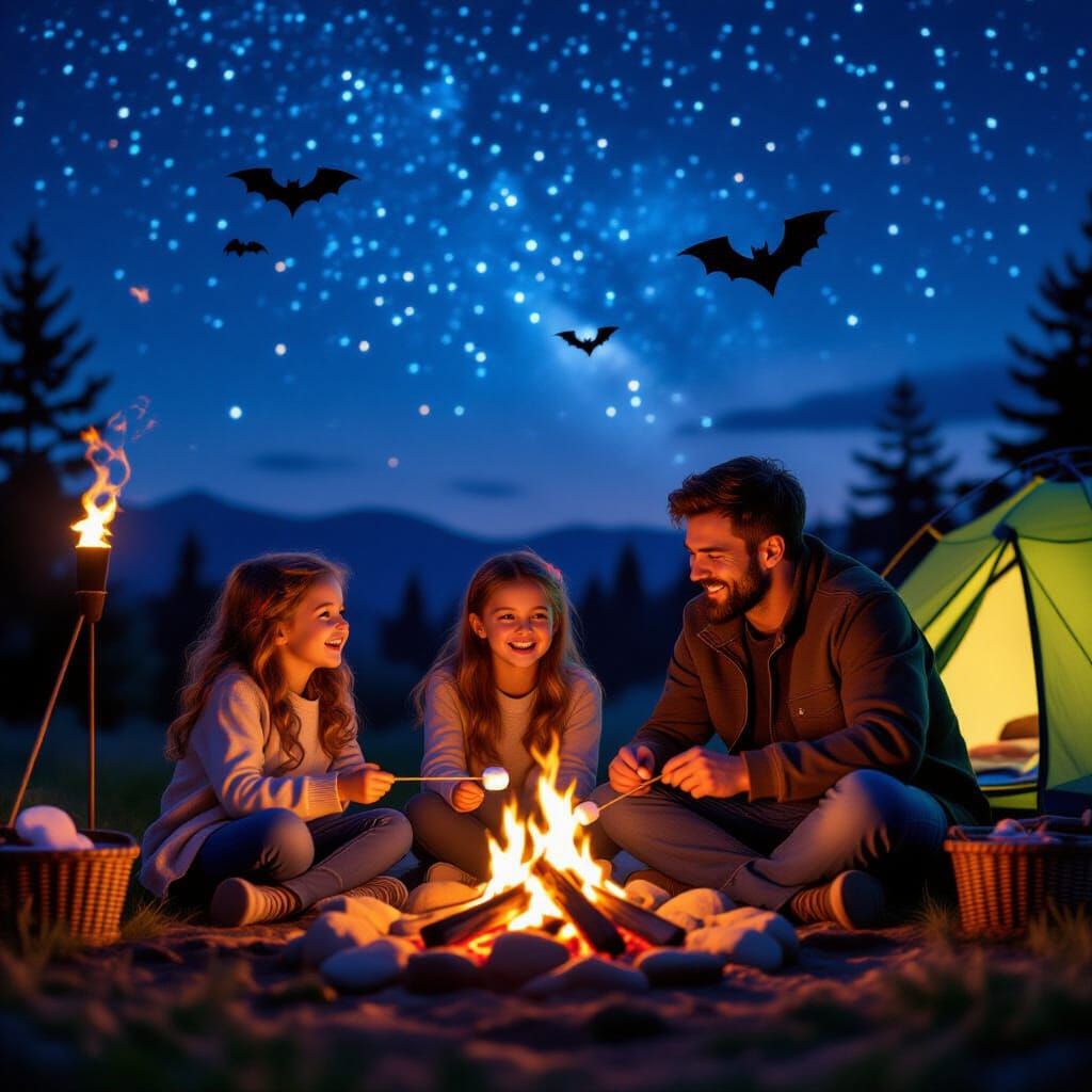 Family Camping Adventure Under Starry Night Sky