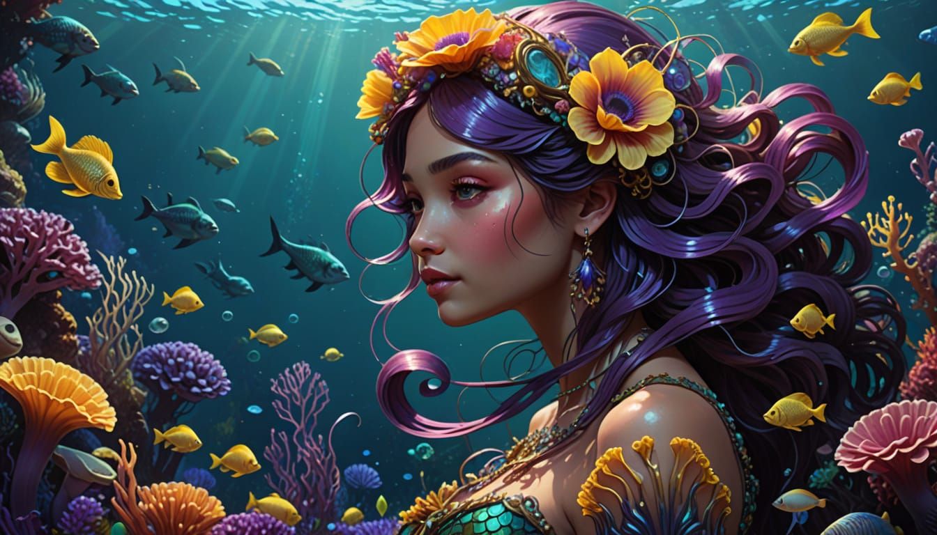 Mermaid in Rich Ocean Depths, Encircled by Vibrant Sea Creat...
